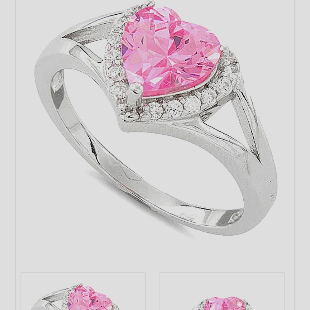 Sterling silver pink topaz heart ring kissed by Cz